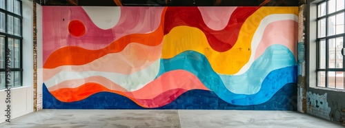 Vibrant indoor mural with flowing abstract shapes in a palette of red, blue, and orange, illuminated by natural light from adjacent windows.
