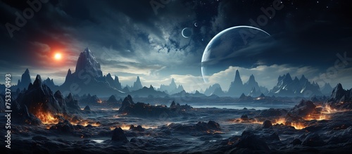 Fantasy alien planet. Mountain and nebula.