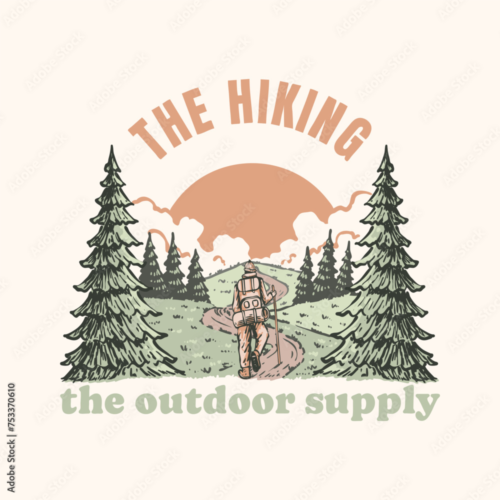 Fototapeta premium illustration of a person hiking in vintage style
