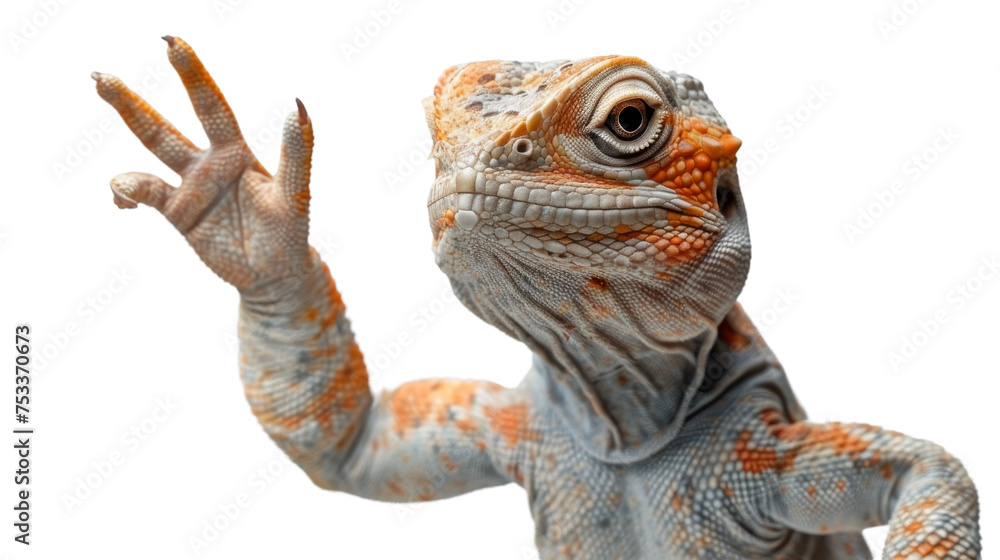 Detailed portrait of an iguana with its hand raised, showcasing textured scales and a striking facial expression