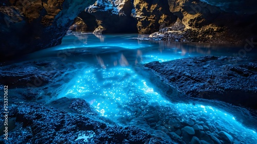 a cave filled with blue water surrounded by rocks © KWY