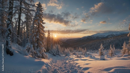 Snowy forest at sunset, pine trees, snowy roads and mountains