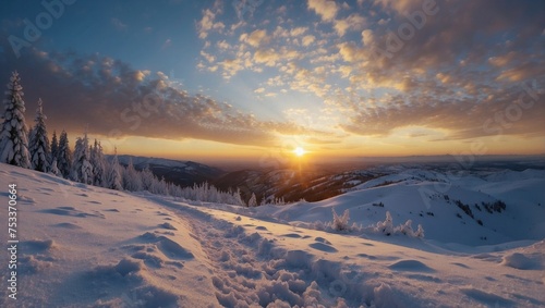 Panoramic view of a snowy landscape, at sunset