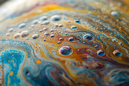 a close up of a colorful object with water droplets on it