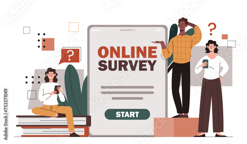 People with online survey. Men and woman give answers to questions. Young guys and girl near questionnaire. Poster or banner. Cartoon flat vector illustration isolated on white background