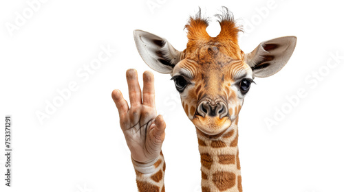 A delightful composition blending a giraffe head with a human hand wave represents a welcoming gesture on a stark white background © Daniel