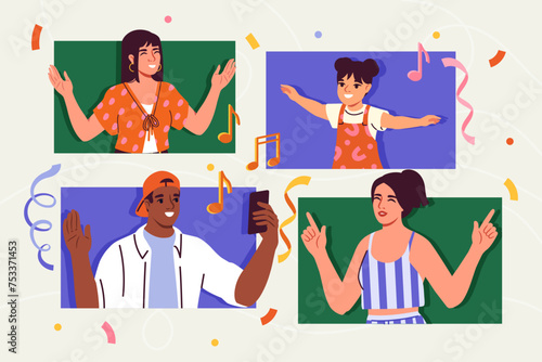 Online party concept. Man and woman with kid dancing together. Video call in social networks. Event, holiday and festival on internet. Cartoon flat vector illustraton isolated on beige background
