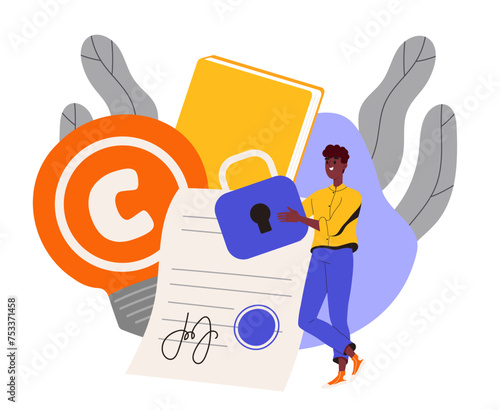 Man with patented product. Young guy near folder with documents and files. Talented author with copyright. Legal sypport. Cartoon flat vector illustration isolated on white background