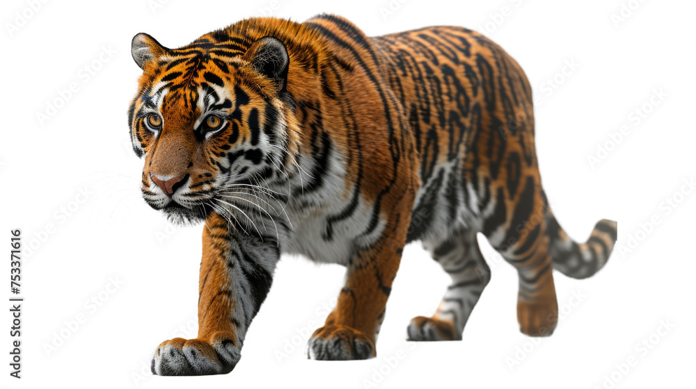 An intense close-up of a magnificent tiger in mid-prowl, showcasing the predator's power and focused gaze on white background
