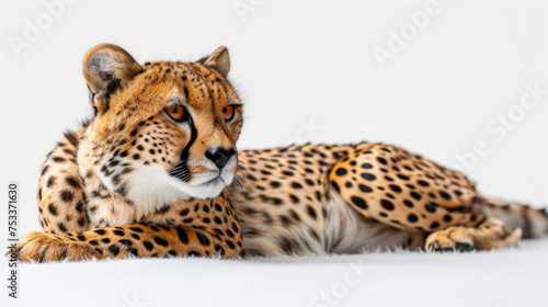 A cheetah lies down elegantly looking at the camera  its spots and intense eyes highlighted against the light background