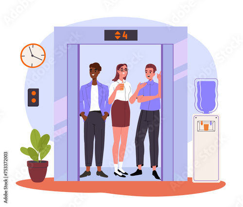 People in elevator. Scene from office or hotel. Colleagues and employees at 4 flour. Secretary and white collar workers. Cartoon flat vector illustration isolated on white background