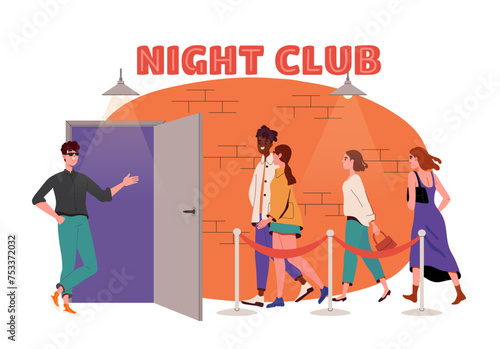 People in line to night club. Trendy men and women go to disco. Party and event. Youth culture and nightlife. Leisure and entertainment. Cartoon flat vector illustration isolated on white background