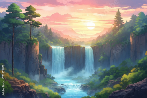 Water falls in the middle of a misty forest at sunset. Without people