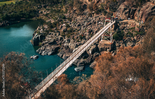 An aerial view of the Alexandra Suspension Bridge in Cataract Gorge Reserve in Launceston in autumn photo