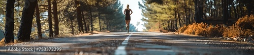 A woman running on a road to the horizon