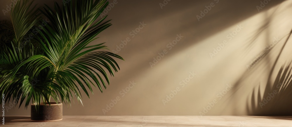 Fototapeta premium Empty studio with a spotlight and palm leaf shadow Background for showcasing products