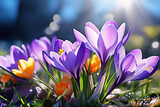 Spring Flowers - Crocus Blossoms On Grass With Sunlight, 