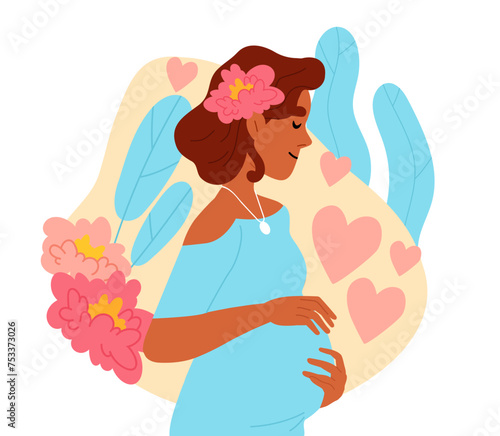 Pregnant woman concept. Young girl with big belly. Future mother. Parenthood and motherhood. Gynecology and reproductive system. Cartoon flat vector illustration isolated on white background