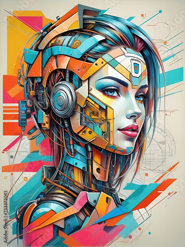 ai generative  female cyborg with mechanisms and wires in head  digital technological as a background