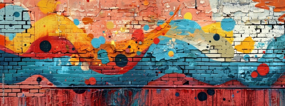 Colorful abstract graffiti on a brick wall featuring splashes of vibrant paint and organic shapes in a playful composition.