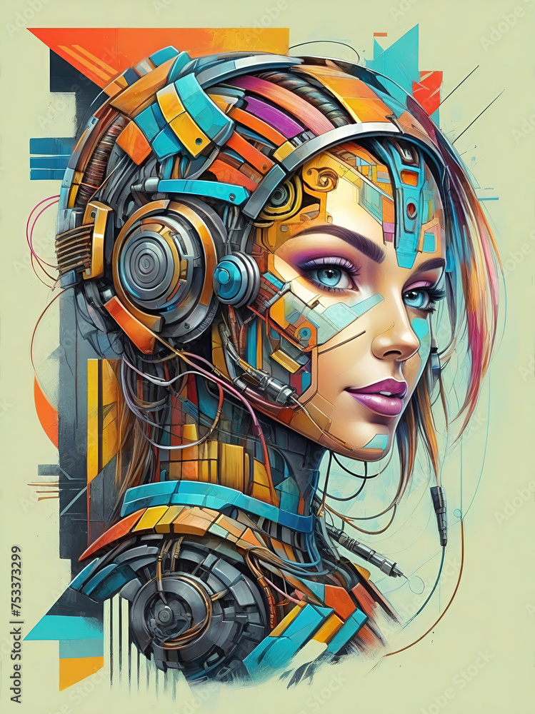 ai generative, female cyborg with mechanisms and wires in head, digital technological as a background ai generative, female cyborg with mechanisms and wires in head, digital technological as a background