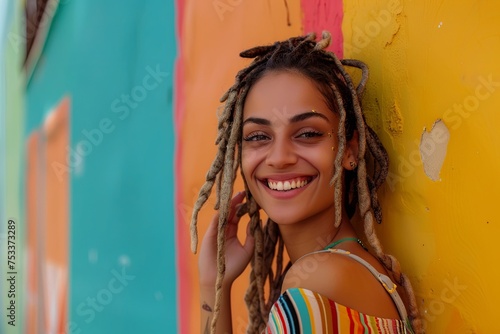Portrait of smiling woman leaning against wall 