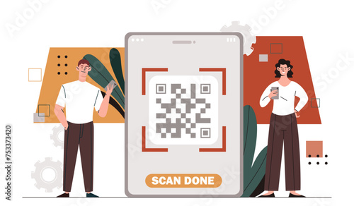 QR code scanning concept. Man and woman with smartphone with scanner with shortened links. Bar code reader at phone. Cartoon flat vector illustration isolated on white background