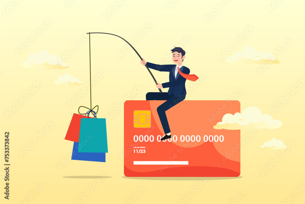 Man sitting on credit card fishing with result of shopping bags, consumerism and marketing luring people to shop with credit card debt risk (Vector)
