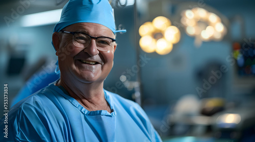A happy confident senior Latino surgeon is in an operation room. A male doctor in a blue scrub suit preparing for an operation is smiling. Background design for hospital and health presentation.