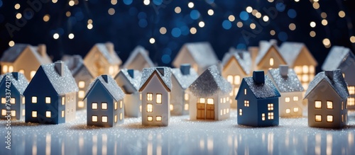 Small white cardboard houses with cut windows on dark blue bokeh background Winter themed decor with carefully chosen colors reflecting the season s atmosphere photo