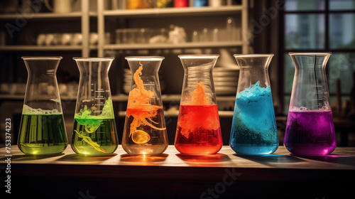 laboratory glassware with liquids