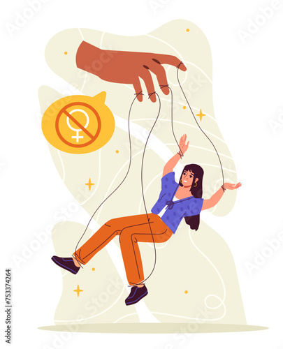 Woman puppet concept. Young girl at strings of hands. Doll with manipulation and mental abuse. Stop sexism and domestic violence. Cartoon flat vector illustraton isolated on white background