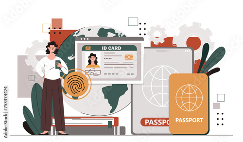 Smart ID card. Woman with fingerprint scanner. Authorization and authentication. Safety and protection of personal information. Cartoon flat vector illustration isolated on white background