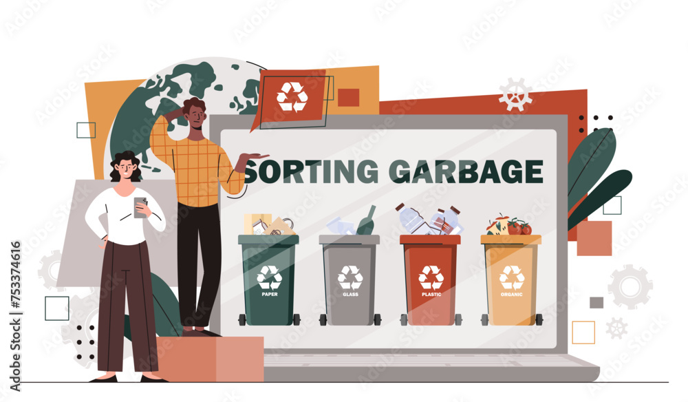 Naklejka premium People sorting garbage. Man and wman near colorful trashcans. Care about ecology and nature. Recycling and reuse. Zero waste and sustainable lifestyle. Cartoon flat vector illustration