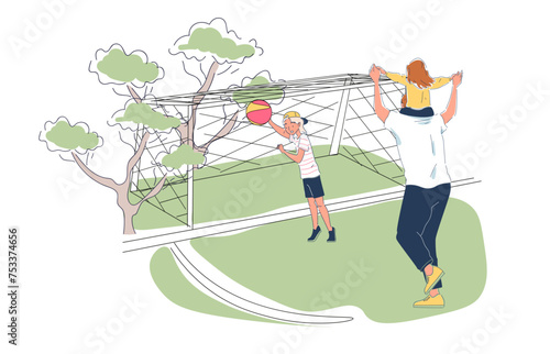 Father play football with kids simple. Man with boy and girl spending time together. Family with sports activites outdoor. Doodle flat vector illustraton isolated on white background