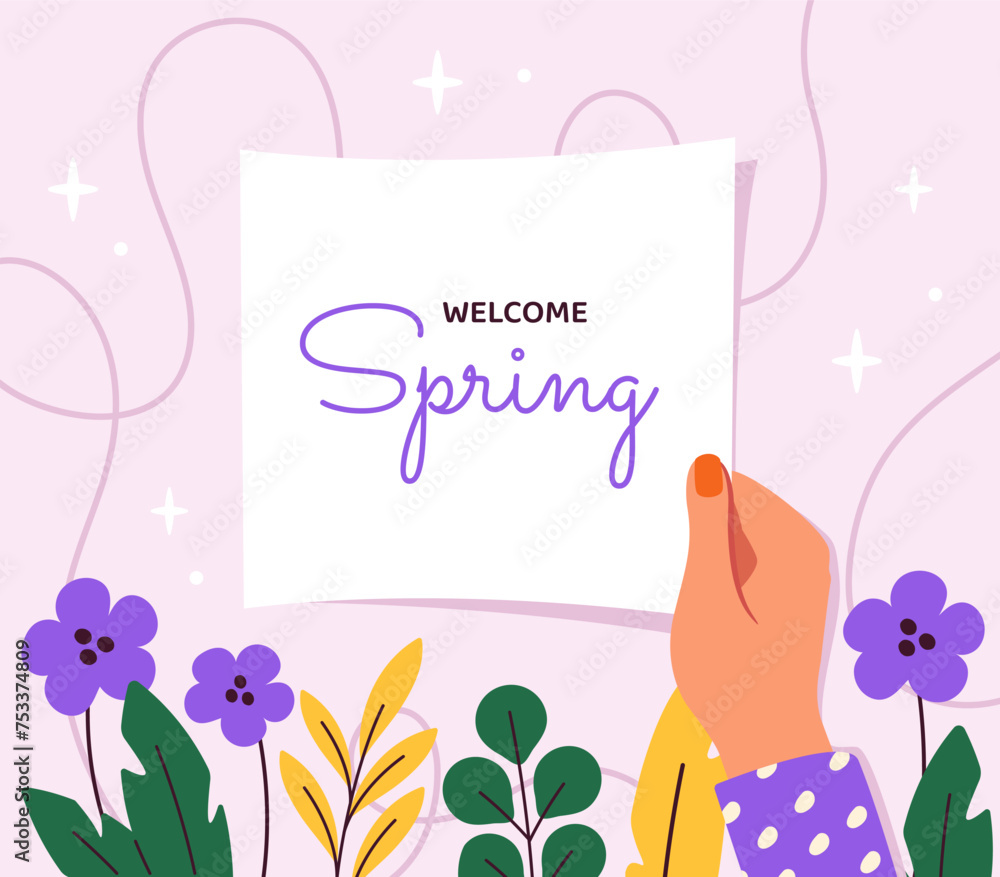 Welcome spring background. Female hand with piece of paper near colorful flowers and leaves. Beauty, elegance and aesthetics. Cartoon flat vector illustration isolated on pink background