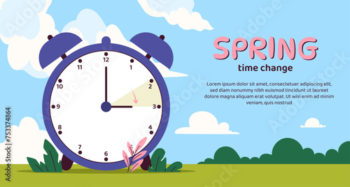 Welcome spring forward background. Big clock with turned arrows. International time zones change. Landing webpage design. Natural beautiful panorama. Cartoon flat vector illustration
