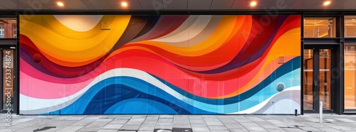 Colorful abstract mural on a shopfront featuring sweeping curves in a rainbow palette.
