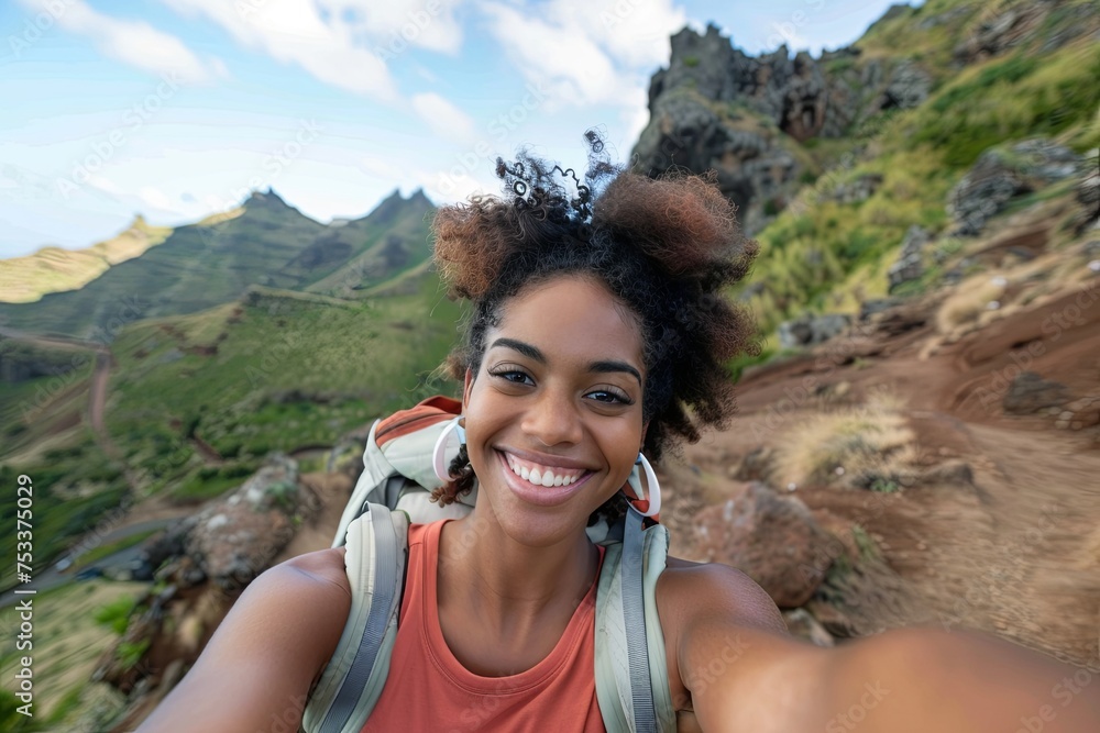 Young smiling black woman taking selfie while hiking alone in mountains 