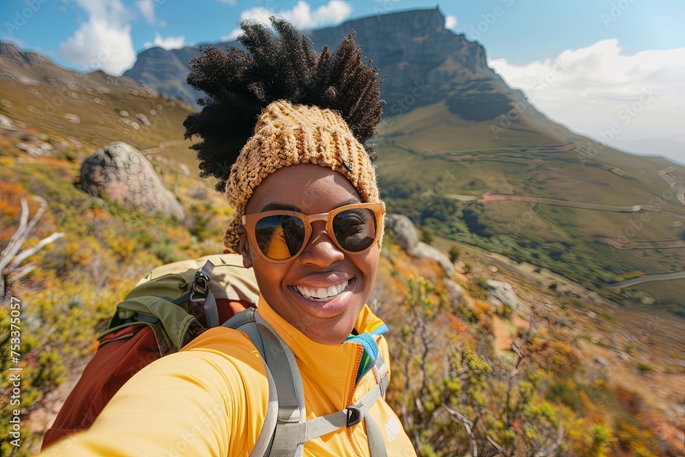 Young smiling black woman taking selfie while hiking alone in mountains Young smiling black woman taking selfie while hiking alone in mountains