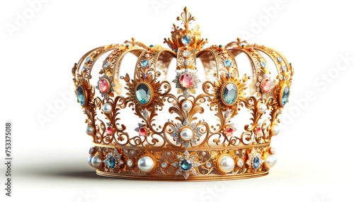 A majestic golden crown adorned with intricate filigree, precious gems, and pearls on a White background.