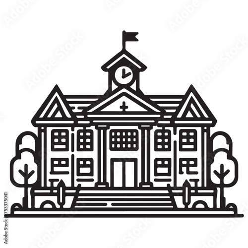 doodle black line school building icon flat silhouette build vector illustration on white background