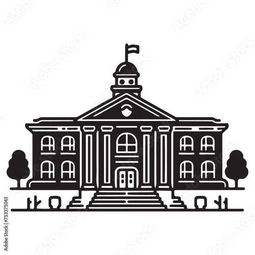 doodle black line school building icon flat silhouette build vector illustration on white background