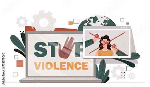 Stop violence concept. Stop sex and gender discrimination. Woman at laptop screen. Tolerance, unity and respect for women. Cartoon flat vector illustration isolated on white background
