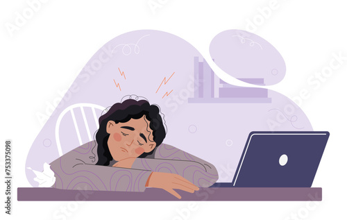 Woman with stressful job. Young girl sitting near laptop with mental burnout. Overworked employee at workplace. Bad time management. Cartoon flat vector illustration isolated on white background
