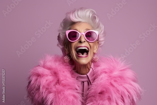 Portrait of stylish senior woman in pink fur coat and pink sunglasses