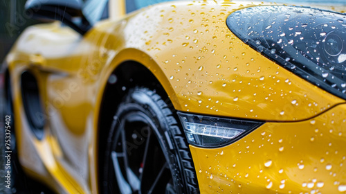 A closeup of a cars glossy exterior featuring a newly developed lotus effect paint that repels rain and dust keeping the vehicle looking pristine. photo