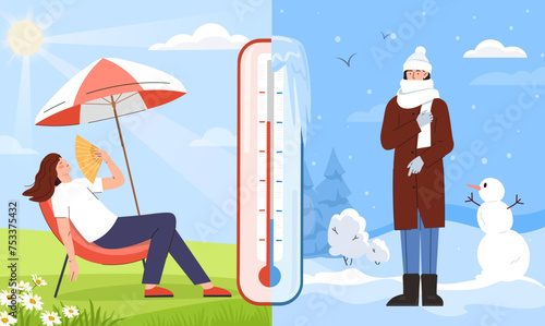 Hot versus cold weather. Woman with umbrella and hand fan and young girl in warm clothes at snowy weather. Comparsion of different climates and seasons. Cartoon flat vector illustration