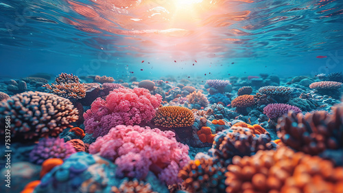 Vibrant underwater coral reef scene with colorful corals and marine life, sunbeams penetrating the ocean surface © visual artstock