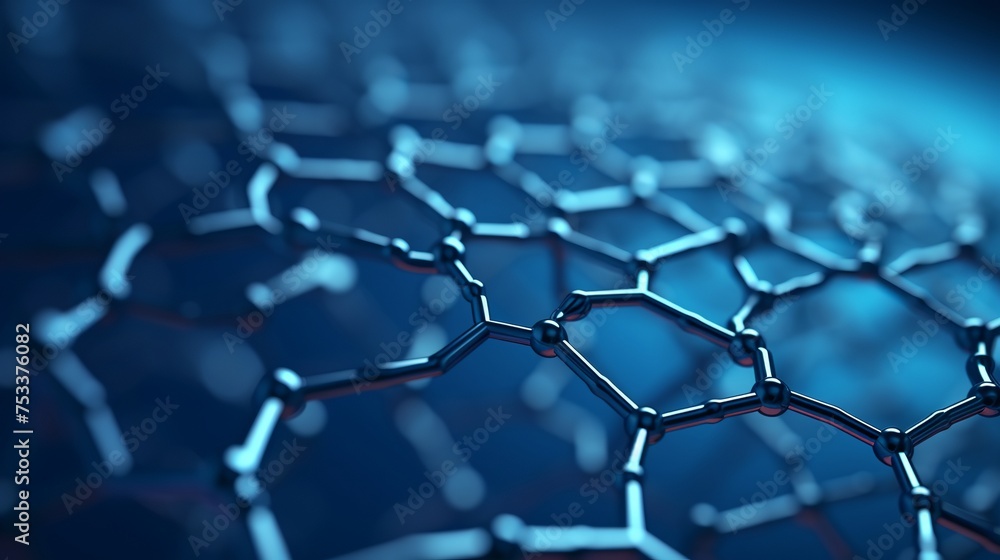 Naklejka premium A 3D rendering presents a view of a graphene molecular nano technology structure against a blue background.